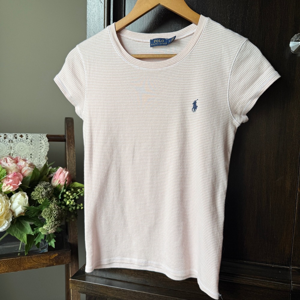 Polo Ralph Lauren Womens Pink White Striped Ribbed Knit Pony Logo T-Shirt Size M